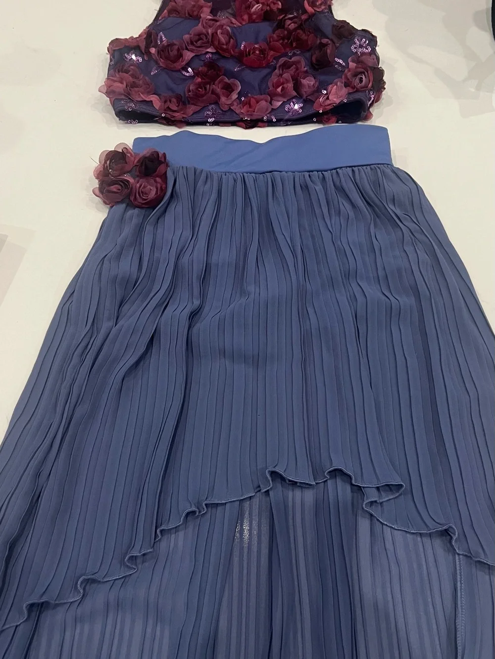 Two piece Dance costume Pleated Skirt with Floral Accent